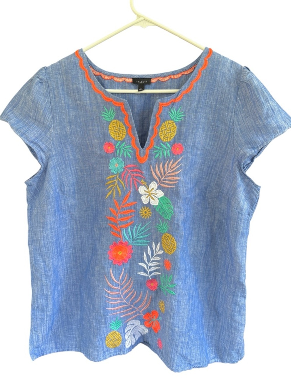 EUC Talbots Linen Blend Embroidered Short Sleeve Top Blue Floral Size Large